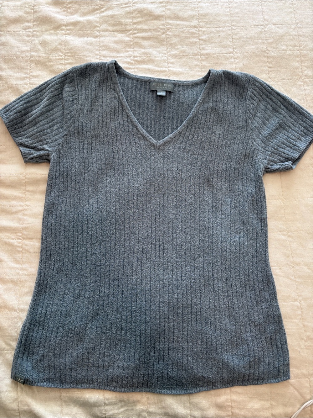 Barefoot Dreams Short Sleeve Ribbed V-Neck Top - Gray